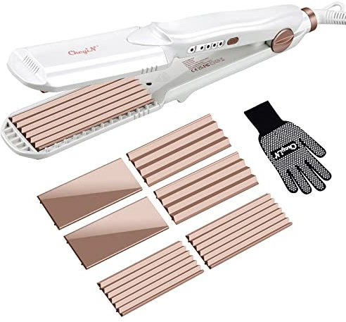CkeyiN 3 en 1 plancha para alisar, plancha para gofrar, plancha para prensar con 3 placas de cerámica de turmalina intercambiables para dar volumen a tu cabello brillante, flexible