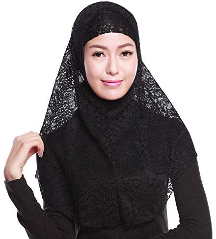 YJZQ Damen Hijab Schal aus Spitze, Muslim, Halstuch + Bandana-Set, Turban-Schal, Schutz vor UV-Strahlen, für Reisen, Gebet, Hochzeit, Ramadan, Schwarz , 150 cm