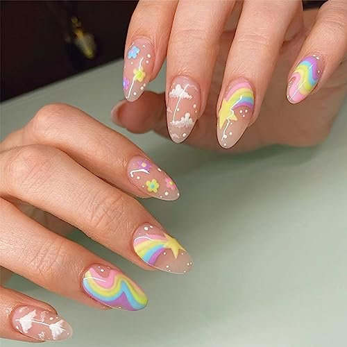 TMUT 24pcs Short Almond False Nails Rainbow Colored Stick on Nails Star Press on Nails Removable Glue-on Nails Full Cover Fake Nails Women Girls Nail Art Accessories, Variety Pack