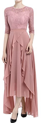 IBTOM CASTLE Femmes Robe Elégant Dentelle Florale Manches 3/4 à Volants De Soirée Cocktail Mariage Invité Bal De Promo Anniversaire Cérémonie Demoiselle d'honneur Longue Maxi Robe Rose poudré S