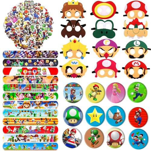 Mitgebsel Kindergeburtstag, 86 Pcs Mitgebsel Spielzeug Geburtstagsdeko 12 Masken 12 Abzeichen 12 Schnapparmband Kinder 50 Aufkleber Geburtstag Deko Spielzeug Set Festival Zubehör Gadget Kinder