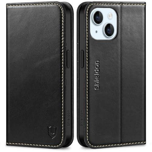 SHIELDON Wallet Case for iPhone 15 5G 2023, Genuine Leather Flip Cover with [Card Holder][Kickstand][RFID Blocking] Magnetic Shockproof Phone Case Compatible with iPhone 15 6.1 - Retro Black