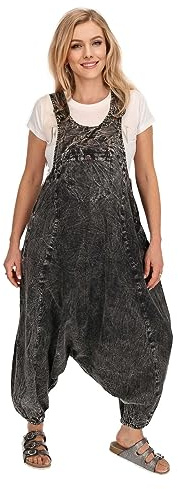 Kunst und Magie Damen Latzhose Hippie Haremshose Goa Hose Boho 70er Jumpsuit Overall Stonewashed Catsuit