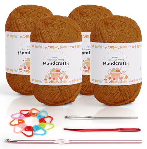 Coopay 4 Stück Einfach Garn, Häkelgarn für Anfänger, Gut Sichtbare Maschen Garn Zum Häkeln mit Häkelzubehör, Baumwoll-Nylon-Garn für Anfänger zum Häkeln und Stricken (4 X 50 g), Braun