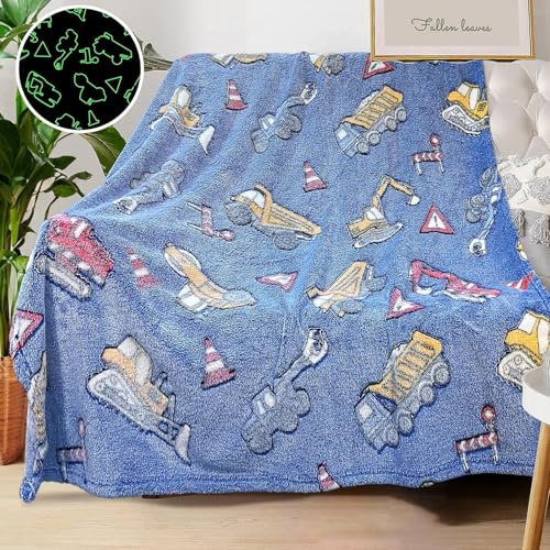 Kuscheldecke für Kinder, Decke Leuchtend Im Dunkeln Kuscheldecke Geschenke Jungs Kinder, Super Weiche und Warme Decke Blau - Planierraupen 150x200cm