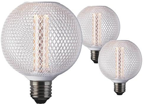 Decorative LED Edison Lightbulb (Pack of 3) White Mesh Cage, Large Globe 125mm Diameter, Warm White E27 Screw Fitting. Non-Dimmable 4W