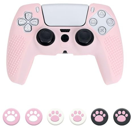 LEEQBCR Pink Paw Controller Skin Grip Set, 1 Stück rutschfeste Silikon-Schutzhülle + 6 Stück Joystick-Abdeckung für Wireless Controller-Zubehör-Set