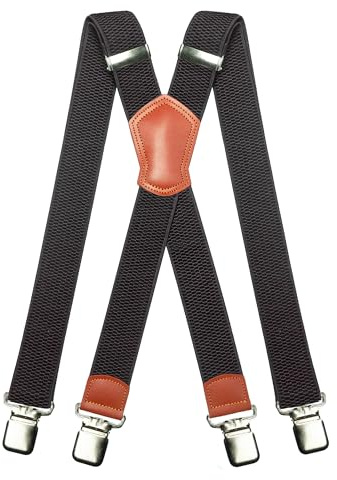 JEMYGINS Herren Hosenträger Breit 3.8 cm mit Starken 4 Metall Clips Lang Einheitsgröße Einstellbar und Elastisch X Style für Männer und Damen schwarz/braunes Leder