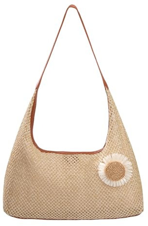 Bolso de mano de ganchillo para mujeres Bolso tote de paja para verano Bolsa de hombro plegable de gran capacidad para vacaciones de picnic.