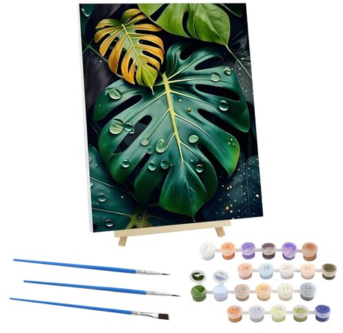 Malen nach Zahlen Erwachsene mit Rahmen, Malen nach Zahlen mit Faltenfreie Leinwand und Holzstaffelei, DIY Pflanzen Handgemalt Ölgemälde Kit für Anfänger Als Geschenk 30x40cm (Monstera Deliciosa)