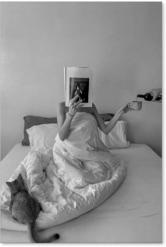 CITXJUM Vintage-Poster, flippiges Schwarz-Weiß-Fotografie-Poster, feministische Wandkunst, Frau trinkt Wein im Bett, Leinwanddrucke, Lesebild für Zuhause, Bar, Wanddekoration, 40,6 x 61 cm, ungerahmt