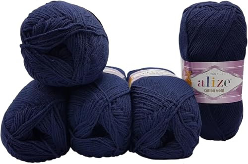 500g Strickwolle Ilkadim Export Cotton gold einfarbig, 5 x 100g Strickgarn mit 55% Baumwolle, uni (nachtblau 58)