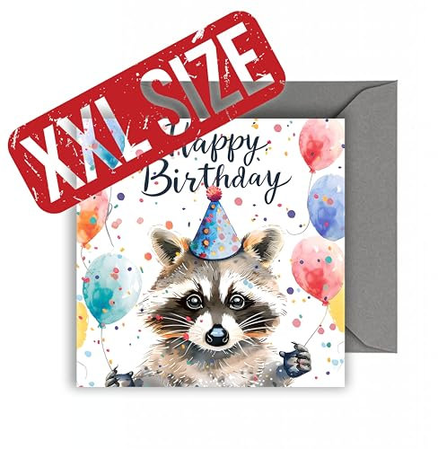 WBdesignz Happy Birthday Waschbär Karte zum Geburtstag - Geburtstagskarte Racoon Geschenk Glückwunschkarte Geburtstag (quadratisch) (XXL 22cm x 22cm)
