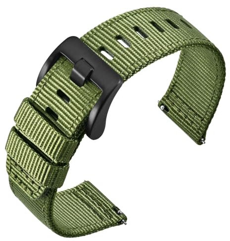 ANNEFIT Nylon Militär Uhrenarmband 24mm, Schwarze Schnalle aus Edelstahl, Schnellverschluss Aatmungsaktive Armband für Herren Damen (Grün)