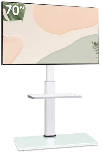 AOKCOS TV Ständer TV Bodenständer für 32-70 Zoll Fernseher bis zu 40 KG, TV Standfuß mit 2 Stufigen Ablagen, Fernsehstand Höhenverstellbar Schwenkbar Neigbar, Max. VESA 400x400mm (Weiß)