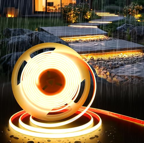 BRIMETI 24V COB Ruban LED, 5M Bande LED COB Étanche IP68 Blanc Chaud 3000K 320LED/M Découpable Flexible Silicone Imperméable, Largeur 10mm, pour Exterieur Chambre Cuisine Miroir (Sans Alimentation)