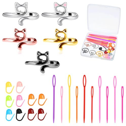 Sibba 5 Pcs Crochet Tension Ring mit 20 Locking Clips Stitch Markers & Ösen Nähnadeln Kit einstellbare geflochtene offene Garn Führer Stricken Loop Ringe Fingerhalter mit Box für Häkelprojekte
