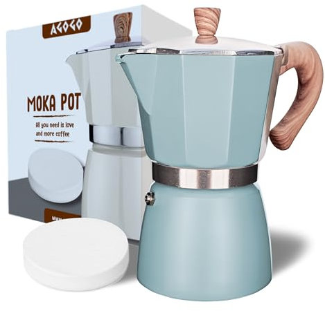 AGOGO Milano Moka Pot, Stovetop Espresso Coffee Maker, Percolator Espresso Maker With Paper Filter (Lake Blue, 6 Cup/300ml)