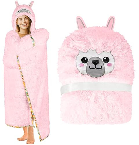 Gugxiom Fuzzy Wearable Hooded Blanket, Alpaca Cuddly Warm Kuschelig Decke mit Ärmeln, Winter Blanket für Mama Freundin Weihnachten Valentinstag Mütter Geschenke für Erwachsene (Rosa Alpaka)