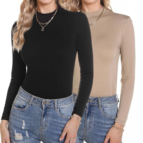 Aottori Langarmshirt Damen Stehkragen Oberteile Elegant Rollkragenpullover Langarm T-Shirt Einfarbig Tops Slim Fit Wandershirt Casual für Herbst Winter Schwarz+Khaki M