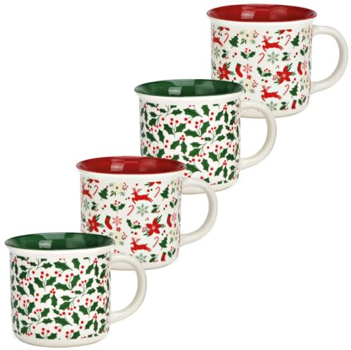 matches21 HOME & HOBBY Christmas Mugs Set of 4 Porcelain Mugs Christmas Decoration - Cute Coffee Cups 13 x 8 cm Red & Green Motifs Mulled Wine Cup for Winter Christmas - Porcelain, Dishwasher Safe