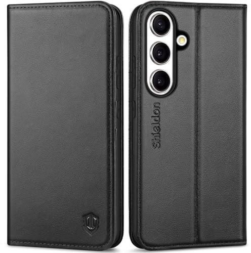 SHIELDON Hülle für Galaxy S25 5G, Echtleder Handyhülle [RFID Blocker] [Ständer] [Kartenfächer] Stoßfest Magnetisch Cover Case Schutzhülle Klapphülle Kompatibel mit Galaxy S25 2025 6,2- Schwarz