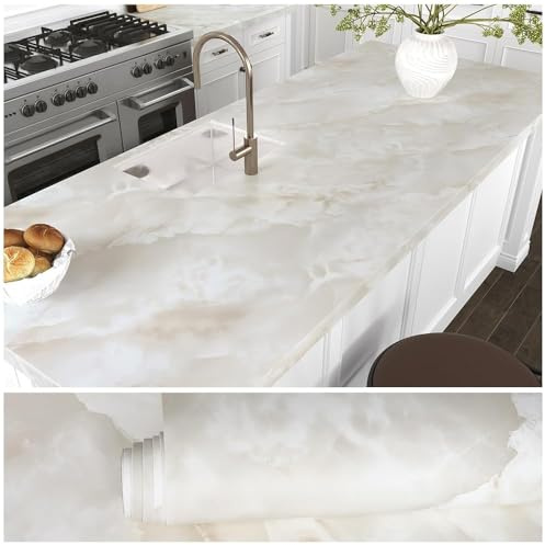 VEELIKE Beige Gold Marble Wallpaper 81cm x 300cm Matte Peel and Stick Wallpaper Beige Marble Vinyl Wrap for Furniture Waterproof Thick Contact Paper Self Adhesive for Wall Bathroom Kitchen Worktop