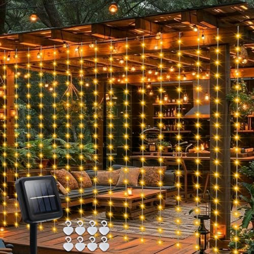DBFAIRY Solar-Vorhanglichter, 2,4 m x 1,8 m, 144 LEDs, für den Außenbereich, wasserdicht, mit Timer, 8 Modi, für Garten, Terrasse, Zaun, Pavillon, Dekor (Warmweiß)