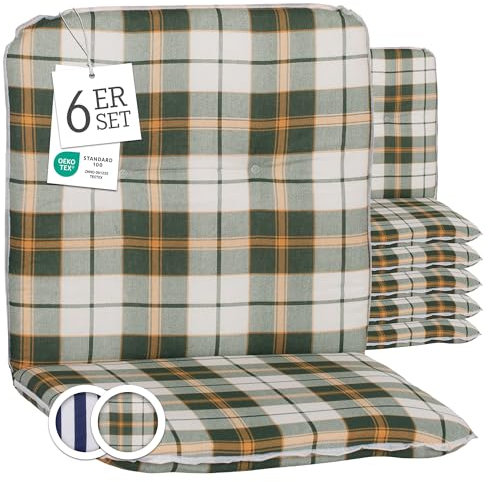 Beo Bali Gartenstuhl-Auflagen Niedriglehner 96x47 cm, 6er Set | Waschbare, UV-beständige Sitz-Kissen | Atmungsaktive Polster-Auflagen nach Öko-Tex Standard | Grün kariert | Made in EU