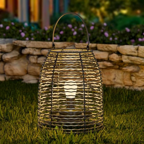 MALUX Rattan Latern Stil mit E27-Glühbirne, IP44 Wasserdicht, Laterne für Außen Garten,Hängend/Stehend Handgestrickte Latern für Terrasse Garten Innenhof Balkon