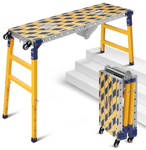 2 in 1 Stabil Arbeitsplattform + Mobiler Schweißtisch mit Antirutsch Klebestreifen, 60-90cm Höhenverstellbar Klappbare Arbeitsbühne Laufbühne Aluminium Gerüst Werkbank Verzinkte, 500 kg Belastbarkeit