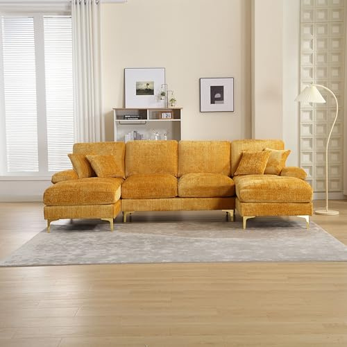 Sofa mit Schlaffunktion, Big Sofa 4 Sitzer U Form Modernes Design, Polstermöbel Loungesessel mit doppelten Liegesitzen , Wohnzimmer Möbel Schlafsofa für Wohnzimmer Villa, Chenille Mustard yellow