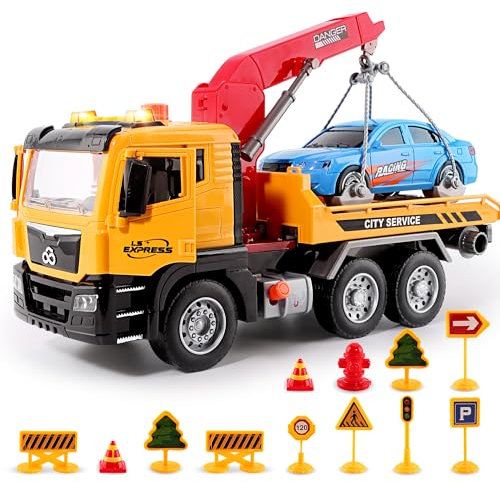 BunnyJOY Camión de Remolque Grande con Inercia para Niños a Partir de 3 Años, Camión Grúa de Juguete con Luces, Sonidos, Brazo Extensible, Señales de Tráfico y Coches Incluidos