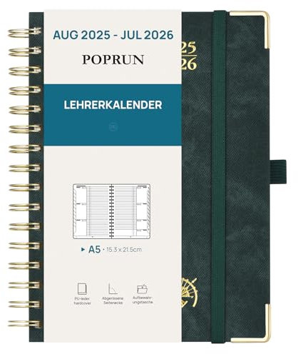 POPRUN Lehrerkalender 2025 2026 Ringbuch DIN A5 - Lehrerplaner 25/26 für die Unterricht mit Monatliches Register. Schulplaner mit PU-Leder Hardcover für Lehrerinnen und Lehrer - Dunkelgrün