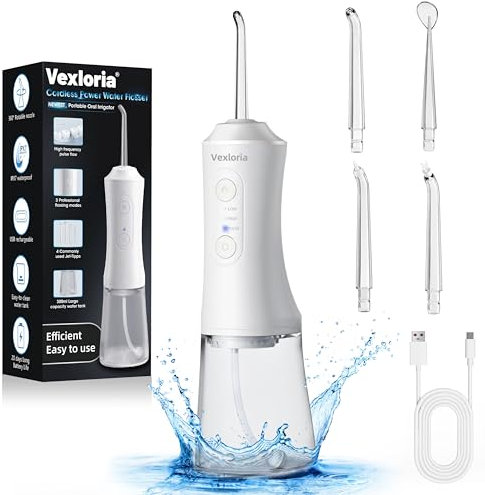 Vexloria Jet Dentaire Hydropulseur Portable 300 ML Water Flosser, Hydropulseur Dentaire Avec 3 Modes de Pression d'eau et 4 Embouts Remplaçables, Irrigateur Dentaire USB Rechargeable et Étanche IPX7