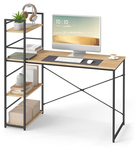 VBChome Moderner Schreibtisch mit 3 Regalen – 120x44x120 cm, Farbe Eiche Sonoma/Schwarzer Stahlrahmen, Stahlkonstruktion, Höhenverstellbare Beine, Spanplatte, Computertisch für Homeoffice & Lernen