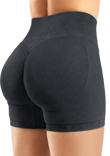 YEOREO Sandwashed Sport Shorts Damen 4.5 Hoch Taille Invisible Scrunch Butt Lifting Gym Workout Shorts Nahtlose Push Up Booty Kurze Leggings Damen Schwarz M