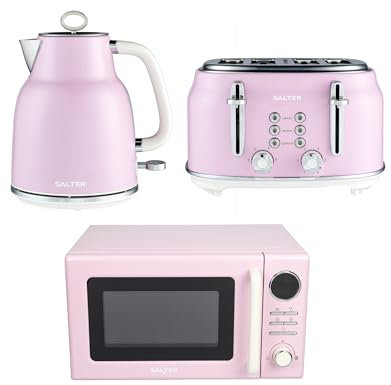 Salter Retro Pink Kettle, Toaster & Microwave Set – 1.7L Rapid Boil Kettle, 4-Slice Toaster, 6 Browning Levels, Safety Features, 20L Digital Microwave with 8 Auto Cook Presets, 25.5 cm Glass Turntable