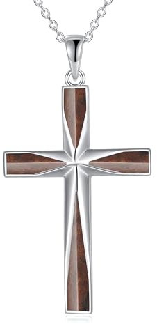 YAFEINI Holz Kreuz Kette Sterling Silber Kreuz Halskette Christlicher Holz Kruzifix Anhänger Schmuck für Damen und Herren