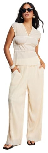 WAREHOUSE Plisse High Waisted Wide Leg Trousers, 12, Cream