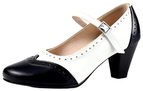 Women's Mary Jane Oxford Pumps, Two Tone Black and White Wingtip Brogue Oxfords,1950s Block Heel Vintage Dress Shoes
