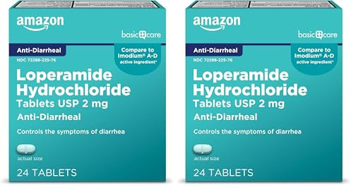 Amazon Basic Care Loperamide Hydrochloride Tablets,2 mg,Anti-Diarrheal,(Packaging May Vary),24 Count (Pack of 2)