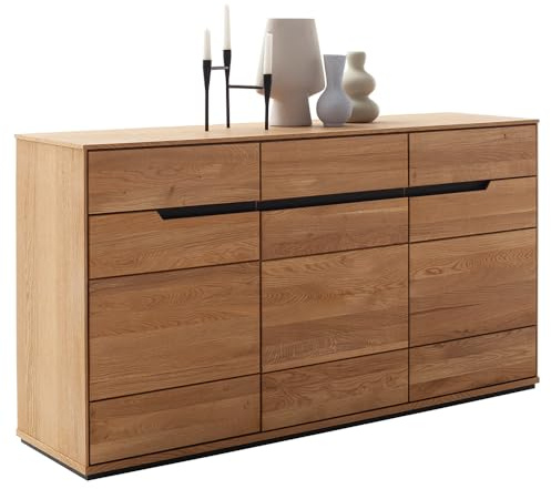 Lomadox Wohnzimmer Sideboard Kommode mit 153 cm Breite in Eiche teilmassiv mit 3 Türen & 3 Schubladen - Massivholz/Echtholz/Furniert