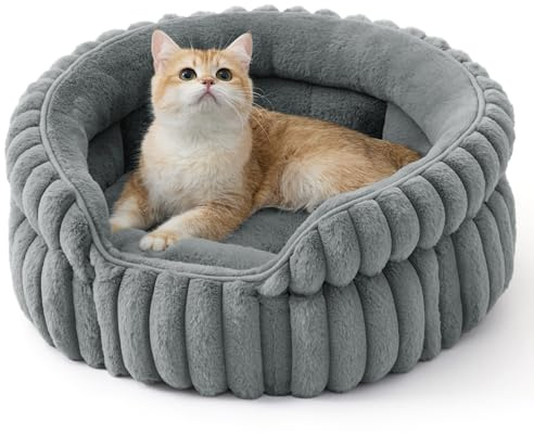 Bedsure Cat Beds Washable Corduroy Fleece Puppy Bed, 51x51cm | Round Hug-Style Kitten Pet Bed for Deep Sleep with High Sides, Removable Reversible Cushion, Non-Slip Bottom, Grey