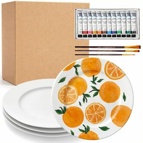 Sinmoe Keramik Bemalen Set, 10 Zoll, Öko-Chic, 4 Stück | Teller zum Bemalen, 4 Porzellanteller 3 Pinsel 12 Acrylfarben 1 Geschenkbox 1 Palette, Für Geburtstag und DIY Geschenke