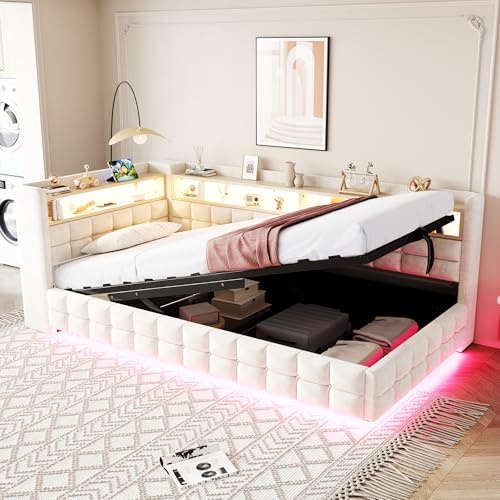 UIXENI Upholstered Sofa Bed 90 × 200 cm with Hydraulic Storage, Wooden Shelf, Slat Rust Support, Velvet (Beige)