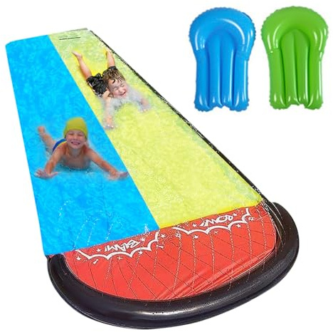 JOAASU Double Water Slide with 2 Inflatable Surfboards, 15.7ft/480cm Garden Water Slide Mat, Inflatable Slip and Slide Water Slide with Sprinkler for Kids Adults Outdoor Water Play Activities