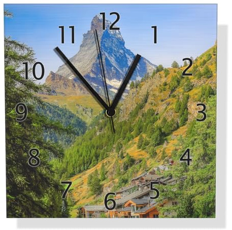 Wallario Design Wanduhr Gipfel über grünem Tal aus Aluverbund, Alu-Uhr Größe 30 x 30 cm, Schwarze Zeiger mit Metalloptik