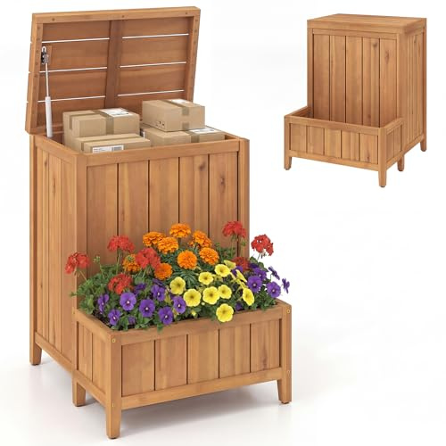 COSTWAY Cassetta Postale con Orto Rialzato in Legno Massello | Baule Contenitore Multiuso con Coperchio da Esterno, Porta Pacchi, Utensili, Piante, da Balcone e Terrazza