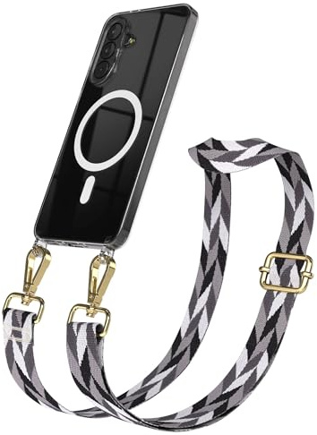 EAZY CASE Handykette - Verstellbares Taschenband kompatibel mit Galaxy A37, Schulterriemen, Handykordel mit Silikon Hülle, Qi Charging kompatibel, Umhängetasche, Grau/Schwarz Mix Gold